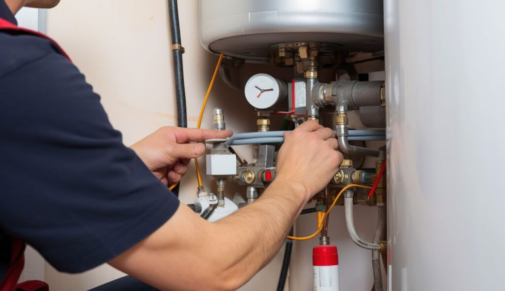 man installing new water heater