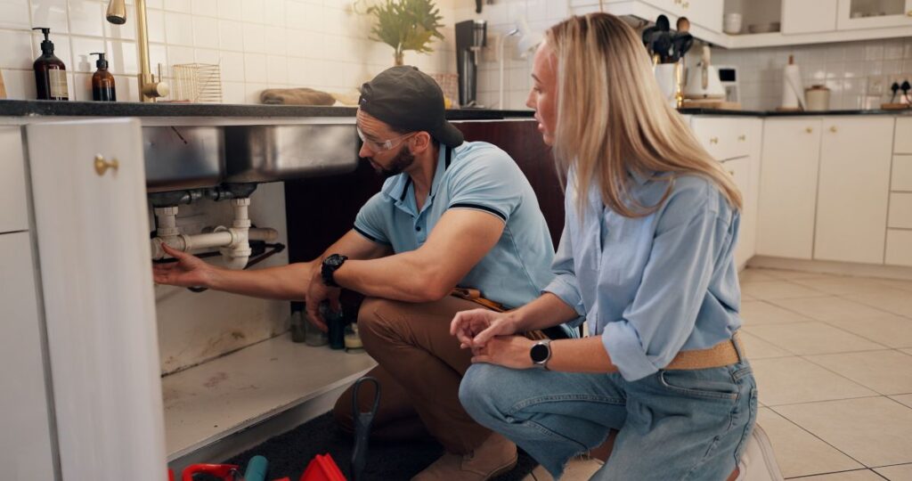 plumber showing client